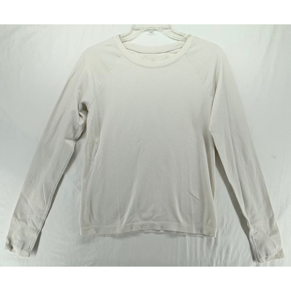 Athleta Cream Silver Shimmer Waffle Knit‎ Long Sleeve Top Thumbholes Crew Neck